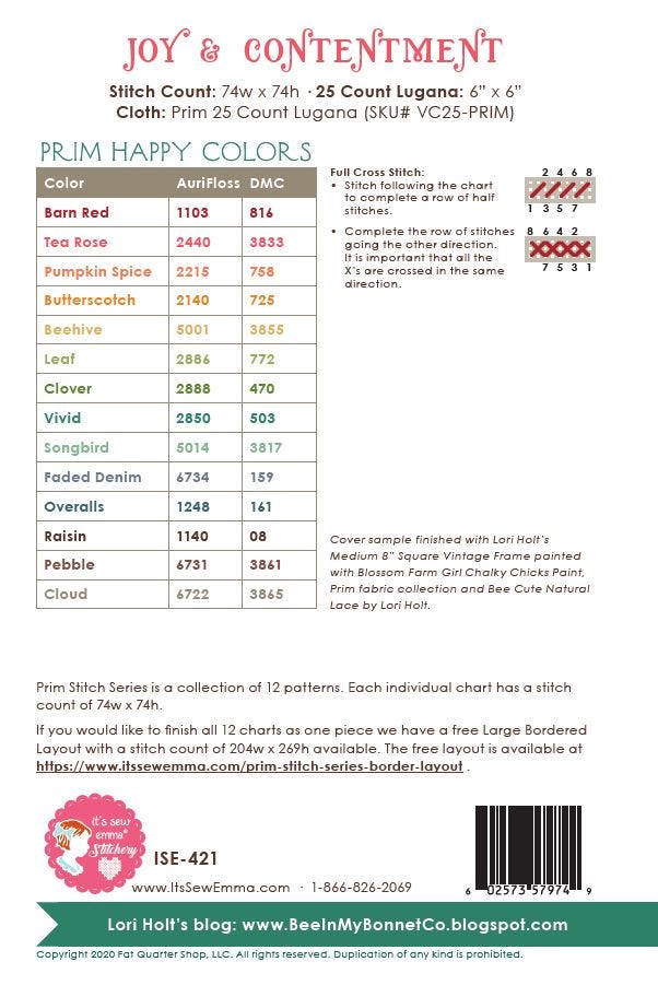 Prim Stitch Series #2 - Joy & Contentment counted cross stitch chart