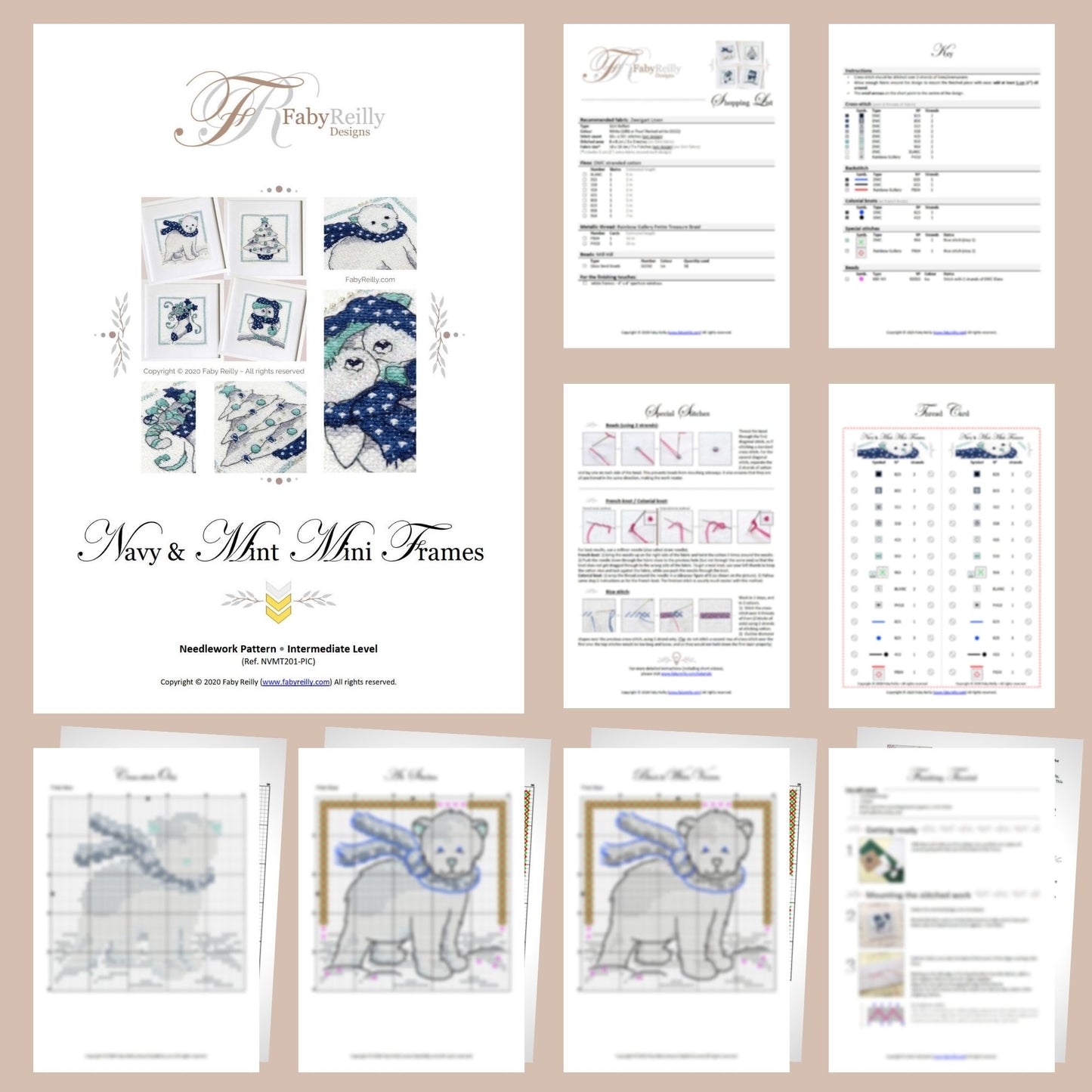 Navy & Mint Mini Frames counted cross stitch chart