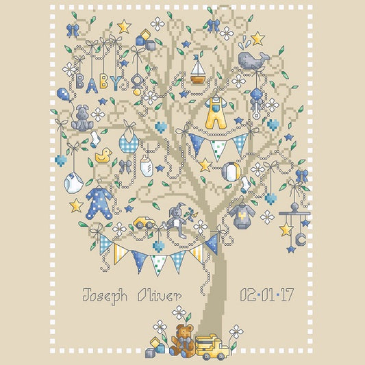 Baby Boy Tree Birth Record counted cross stitch chart