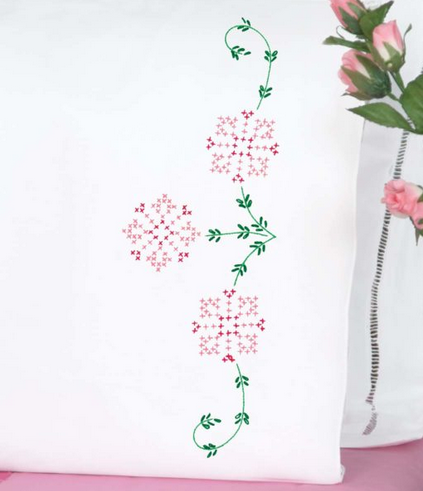 Flowers - Perle Edge cross stitch & embroidery pillowcase pair