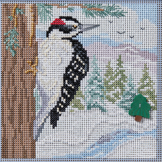 Buttons & Beads - Winter Woodpecker counted cross stitch kit