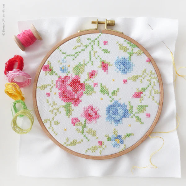 Blue & Pink Roses embroidery (cross stitch) kit