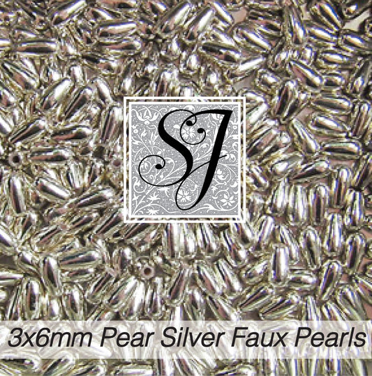 Pear-shaped Silver Faux Pearls - 3mm x 6mm
