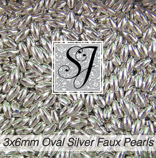 Oval Silver Faux Pearl - 3mm x 6mm