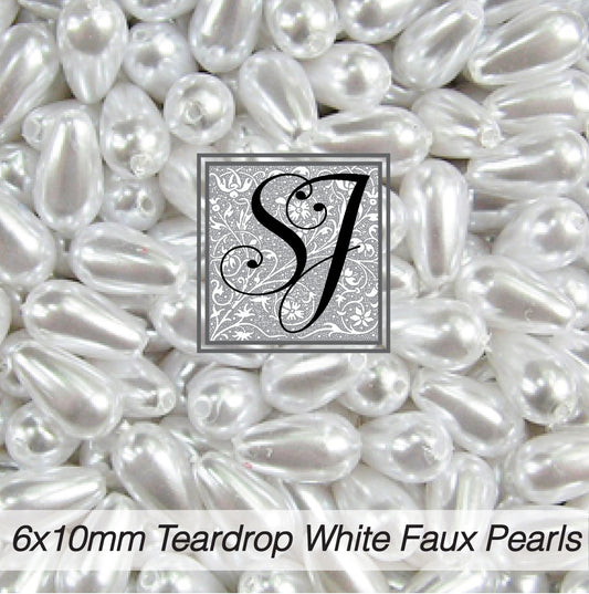 Faux Pearl Teardrop White bead - 6X10mm