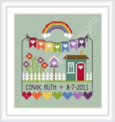 Rainbow Birth Sampler counted cross stitch chart