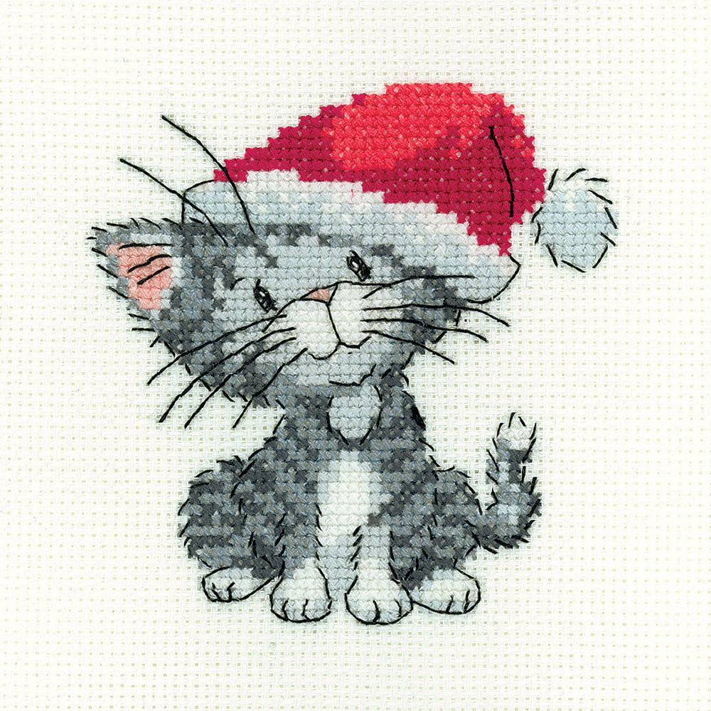 Silver Tabby Christmas Kitten counted cross stitch chart