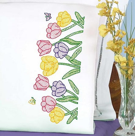 Beautiful Blooms - Perle Edge cross stitch & embroidery pillowcase pair