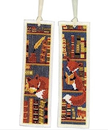 Foxes in Bookshelf Bookmarks counted cross stitch kit