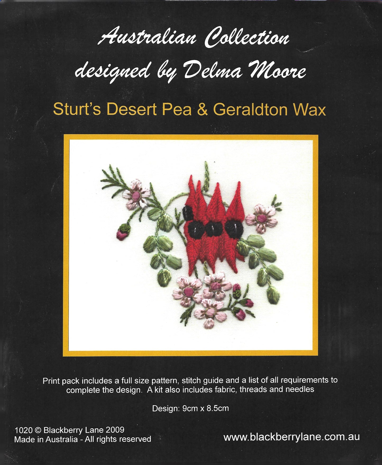 Sturt's Desert Pea & Geraldton Wax Brazilian embroidery design