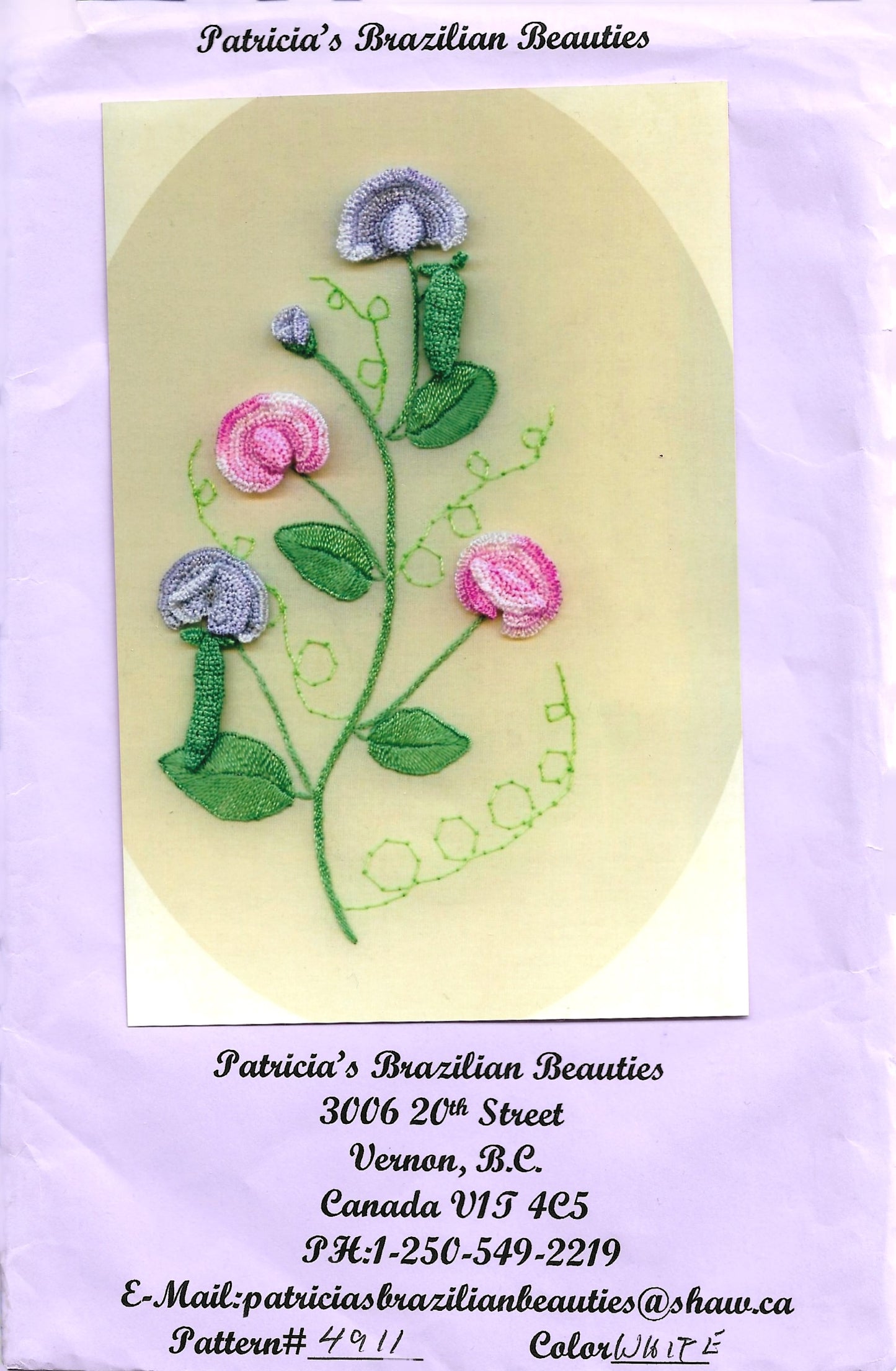 Ruffled Sweet Pea Braziiian embroidery pattern